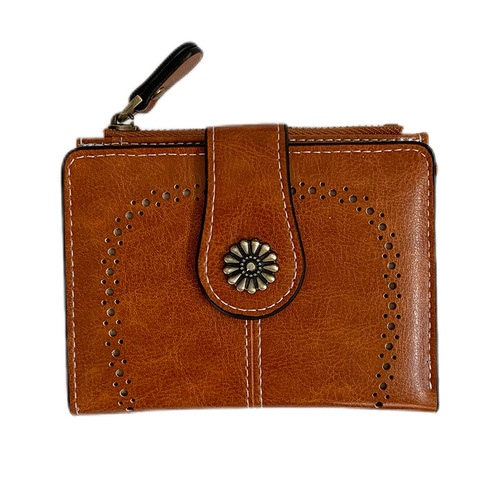 Women's Oil Leather Wallet Retro Short Zipper Coin Purse Hollow Multifunctional Money Clip