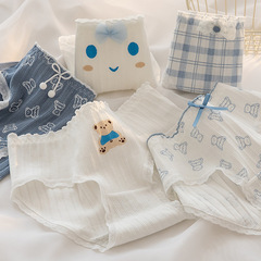 Blue-themed cute bear girl underwear, adorable cartoon pure cotton center waist hip-hugging women's underwear, student triangle pants wholesale