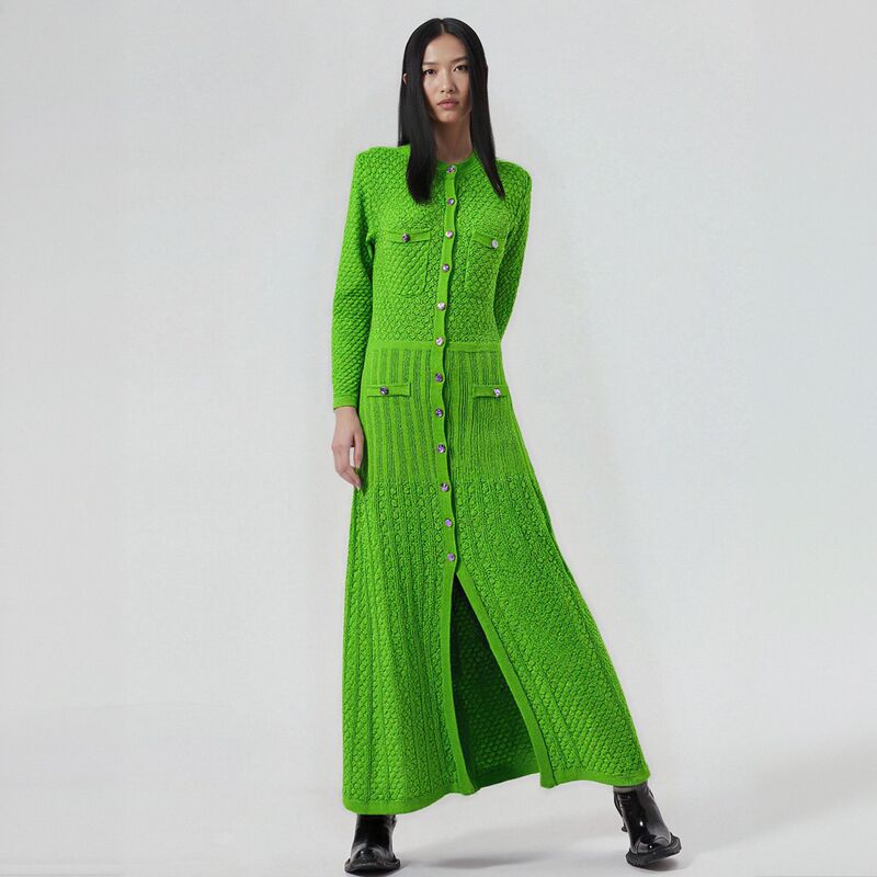 Cross-Border French Round Neck Knitted Dress Long Skirt Fashionable Single-Breasted Autumn and Winter Foreign Trade Women's Sweater Skirt