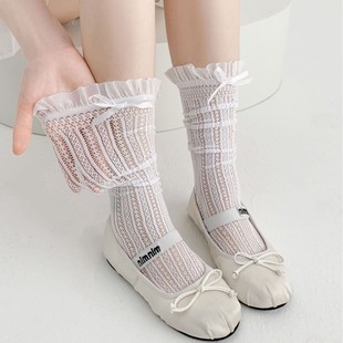 Spring and Summer Thin Mid-tube Stacked Stocking Lolita Lace Bow Fungus Lace Net Stockings Vertical Hollow-out Women's Socks