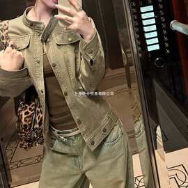 番茄侠1 质感买手店*复古做旧水洗立领斜插袋正肩牛仔夹克外套女