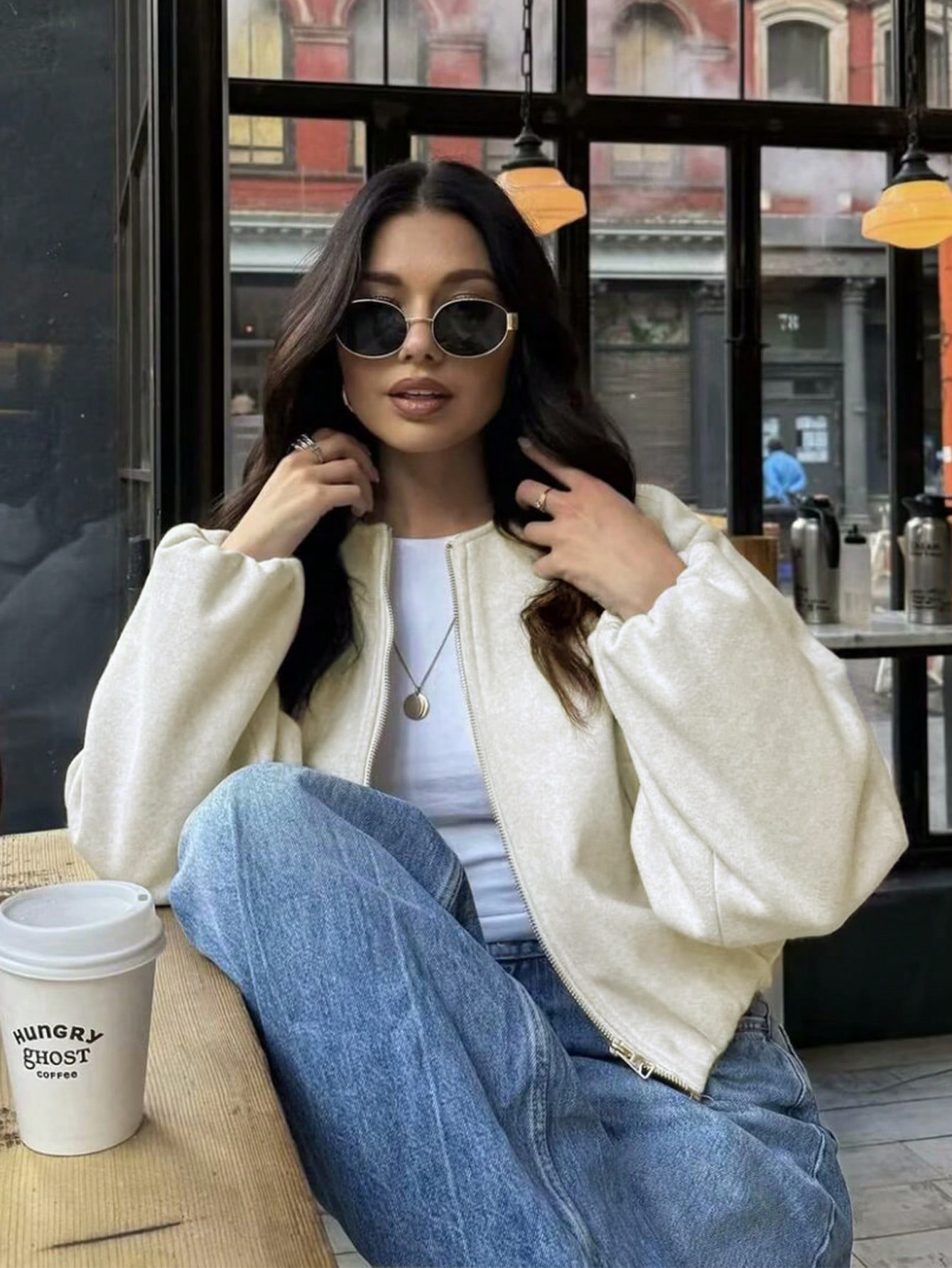 New autumn and winter women's woolen coat, short style, round neck, zipper, loose fit, casual, versatile beige jacket