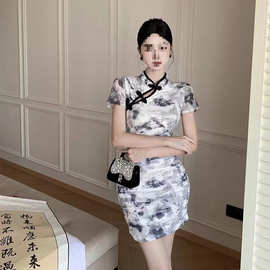 新式旗袍年轻款高端气质褶皱显瘦短款复古花色小个子连衣裙夏