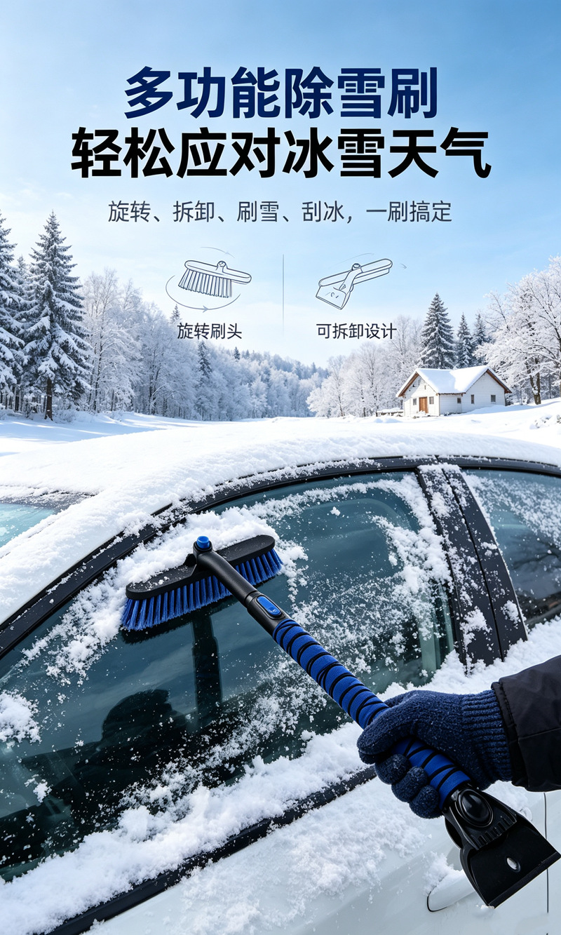 Cross-border new car-specific snow removal tool: a 3-in-1 snow shovel, brush, and scraper for removing snow from cars, designed for emergency use