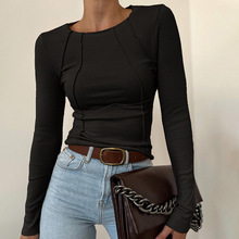 Splicing slim fit long sleeved top��ɫƴ��Բ��������������Ů