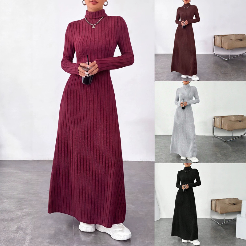 European and American cross-border autumn/winter women's clothing: elegant, figure-flattering, high-neck, fashionable, solid-color, ribbed, brushed long-sleeve dress for women