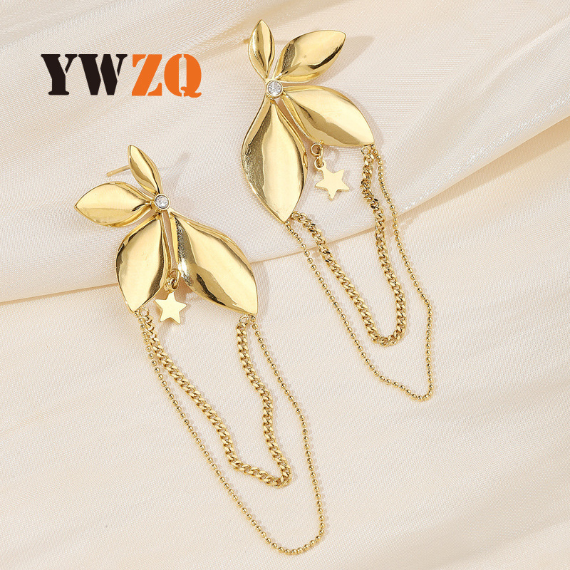Leaf Shaped Tassel Drop Earrings In Golden Titanium Steel_voghion.com