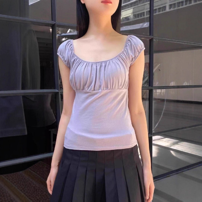 Bm Style New Purple Pleated Puff Sleeve Short-Sleeve T-Shirt for Women, Fashionable and Trendy, Waist-Cinching, Slim-Fit, Versatile Top Bm Style New Purple Pleated Puff Sleeve Short-Sleeve T-Shirt for Women, Fashionable and Trendy, Waist-Cinching, Slim-Fit, Versatile Top