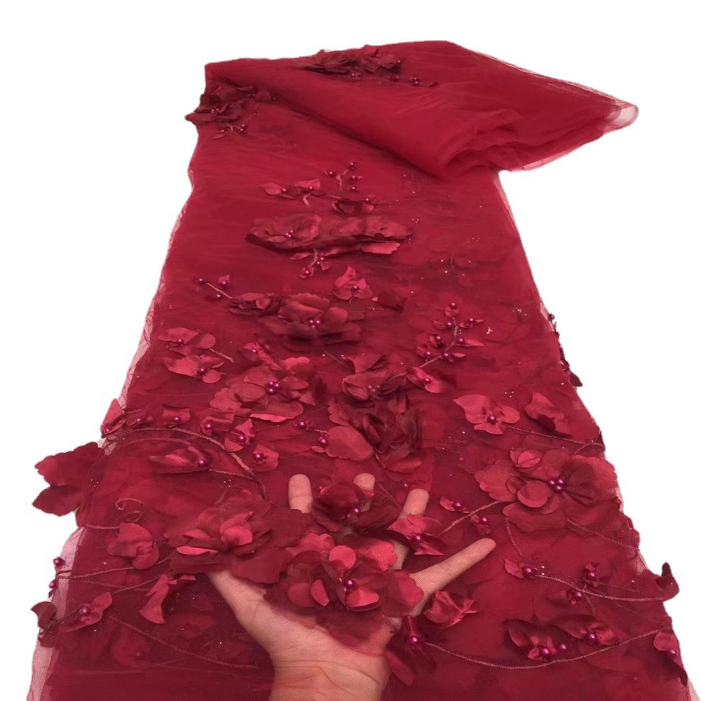 3D bordado tela de malla hecha a mano con cuentas tridimensional bordado tela primavera y verano ropa vestido de tela en stock venta al por mayor