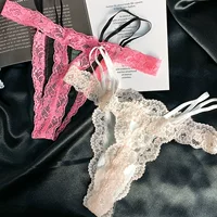 Полые горячие кружевные стринги женские стринги девушки хлопчатобумажные промежностные двойные банты трусики женские
