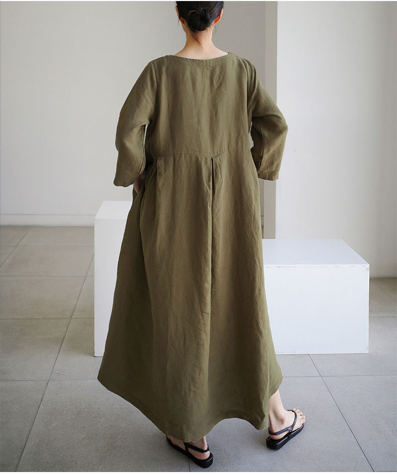 High Quality Spot 2023 Autumn New Loose Large Size Dress Japanese Korean Style Cotton Linen Round-neck Dress display picture 3