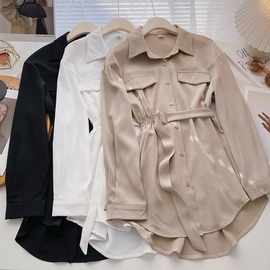 长袖衬衫女气质显瘦中长款2023年冬季新款韩版小众设计感系带上衣