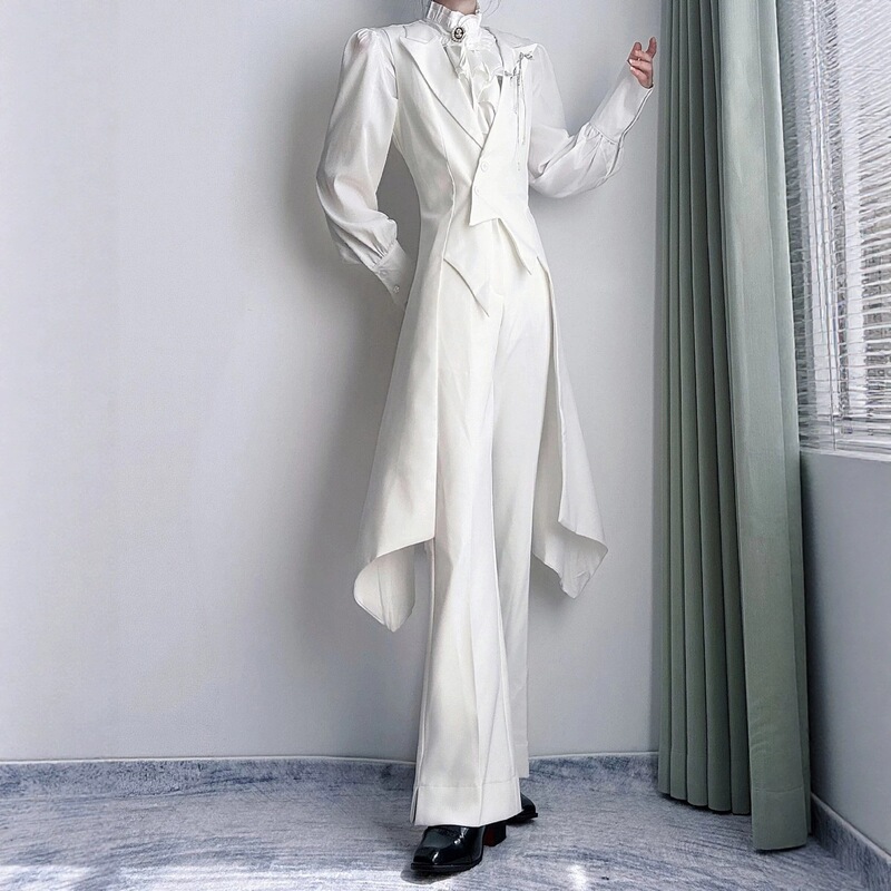 White autumn suit uniform with pointed lapel, swallowtail, long tail, slim fit, waist-cinching, long vest jacket, trendy White autumn suit uniform with pointed lapel, swallowtail, long tail, slim fit, waist-cinching, long vest jacket, trendy