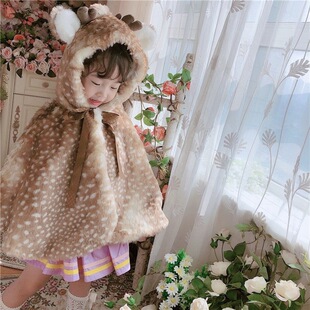 Autumn and Winter Girls Spanish Christmas Cloak Deer Cloak European and American Style Kidsren's Imitation Fur Fleece-Lined Warm Outing Clothing