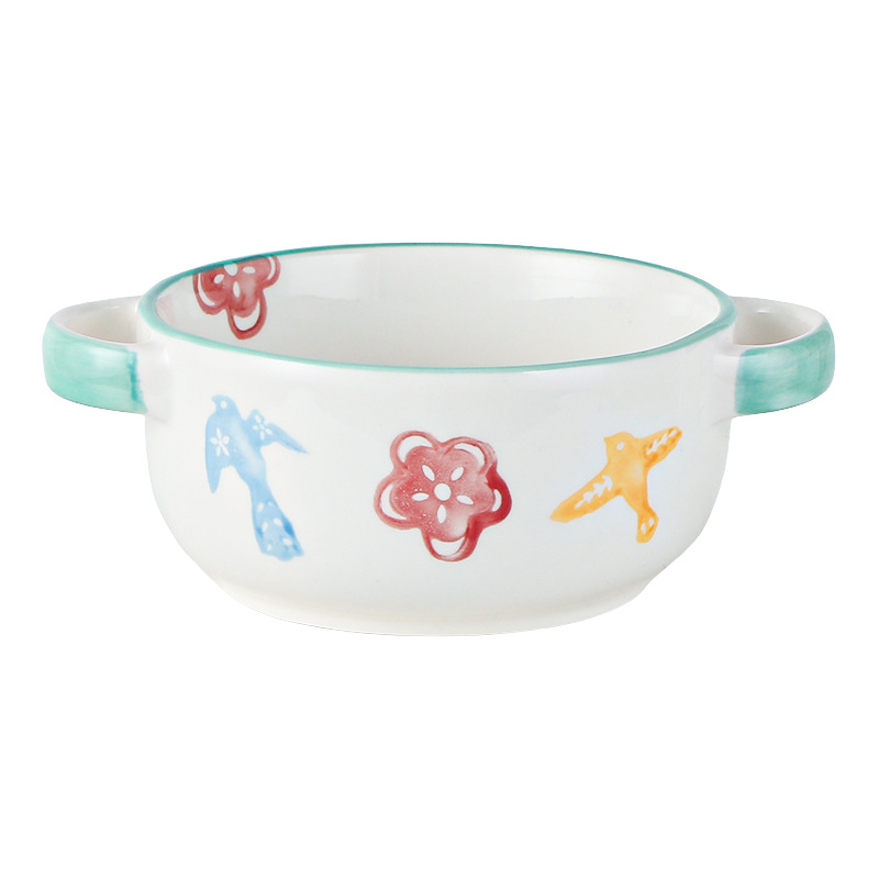 Estilo pintado a mano lindo cerámica binaural fruta ensalada tazón ins estilo postre tazón hogar desayuno tazón de cerámica con tapa