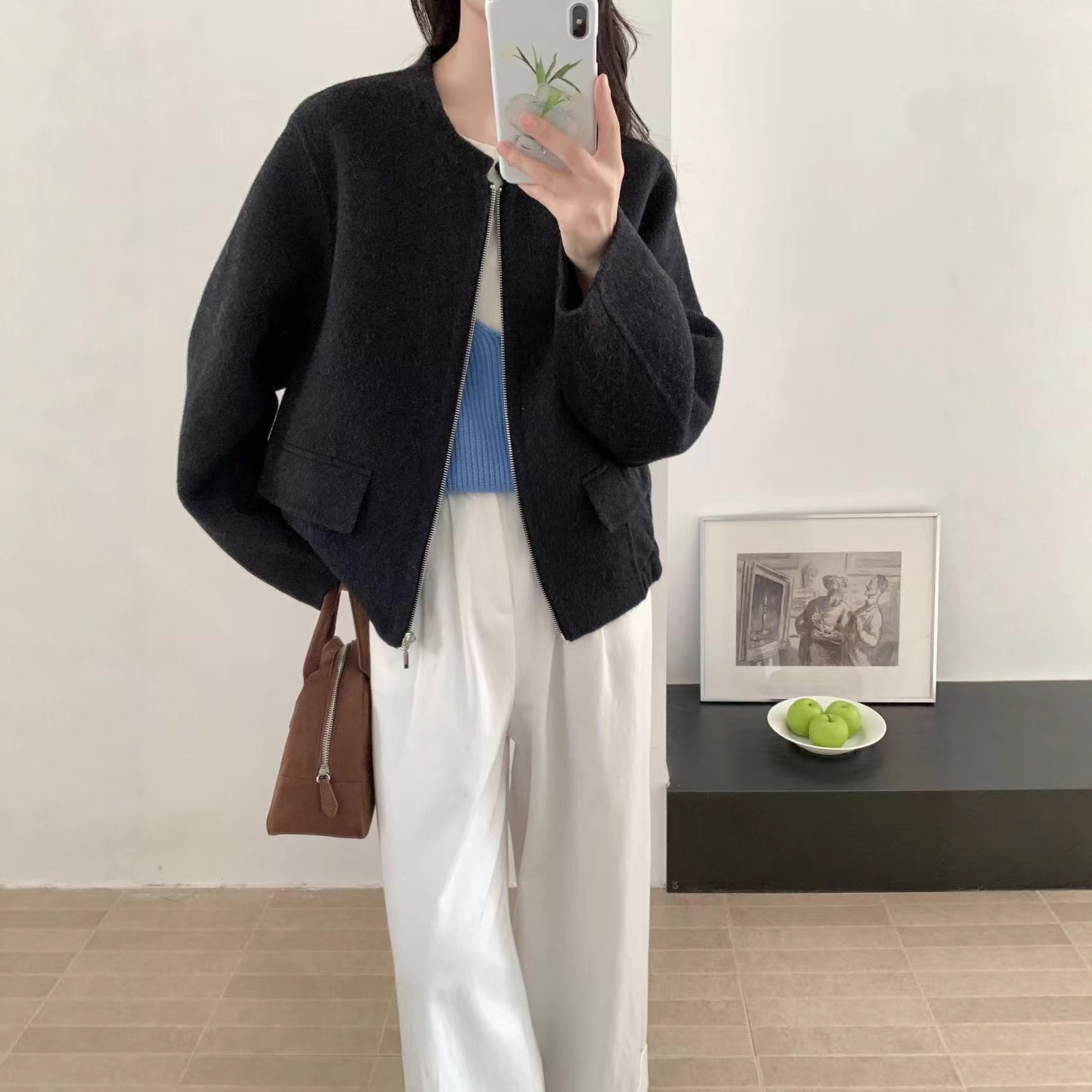 拉链圆领卫衣短款双面羊绒大衣女秋冬新款宽松休闲羊毛毛呢外套