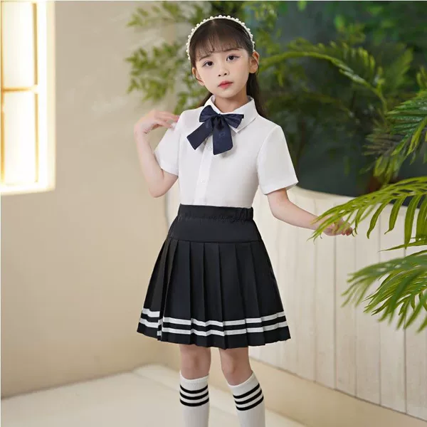 Long sleeves = navy blue and white striped skirt = navy blue collar