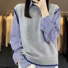 秋冬季女士100纯羊毛衫无袖马甲撞色边针织圆领毛衣宽松坎肩背心
