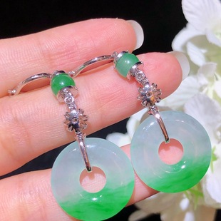 Natural jade earrings 18k gold inlay full ice green safety buckle earrings jade earrings with certificate