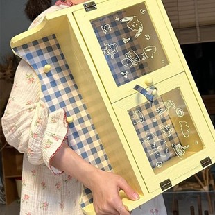 Popular Hong Kong Style Ins Cream Plaid Shelf Wooden Wall Cabinet Retro Decoration Girly Heart Home Cabinet