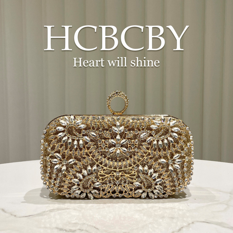 Golden Glittering Luxury Hollow-Out Rhinestone Embellished Clutch Bag, Women's Fashionable Evening Bag, Elegant Socialite Dress Bag