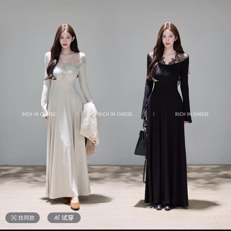 Shuhulei Lace Moonlight Autumn and Winter Gentle Style Atmosphere Hollow Lace Knitted Waist Dress Shuhulei Lace Moonlight Autumn and Winter Gentle Style Atmosphere Hollow Lace Knitted Waist Dress