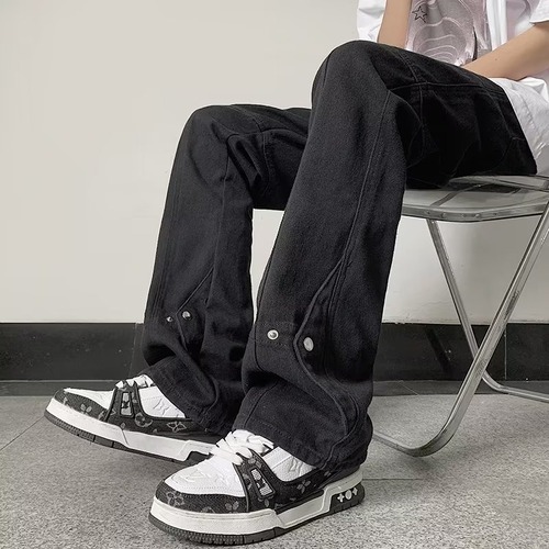 American High Street Micro-Angle Denim Pants for Men Loose Straight Leg Ground-Long Pants Streetwear Cool Brand Hipster Style Long Pants Spring and Summer