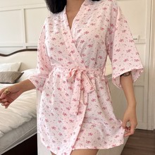 跨境睡衣女夏季云朵棉印花新款泡泡纱和服春秋睡袍欧美家居服女士