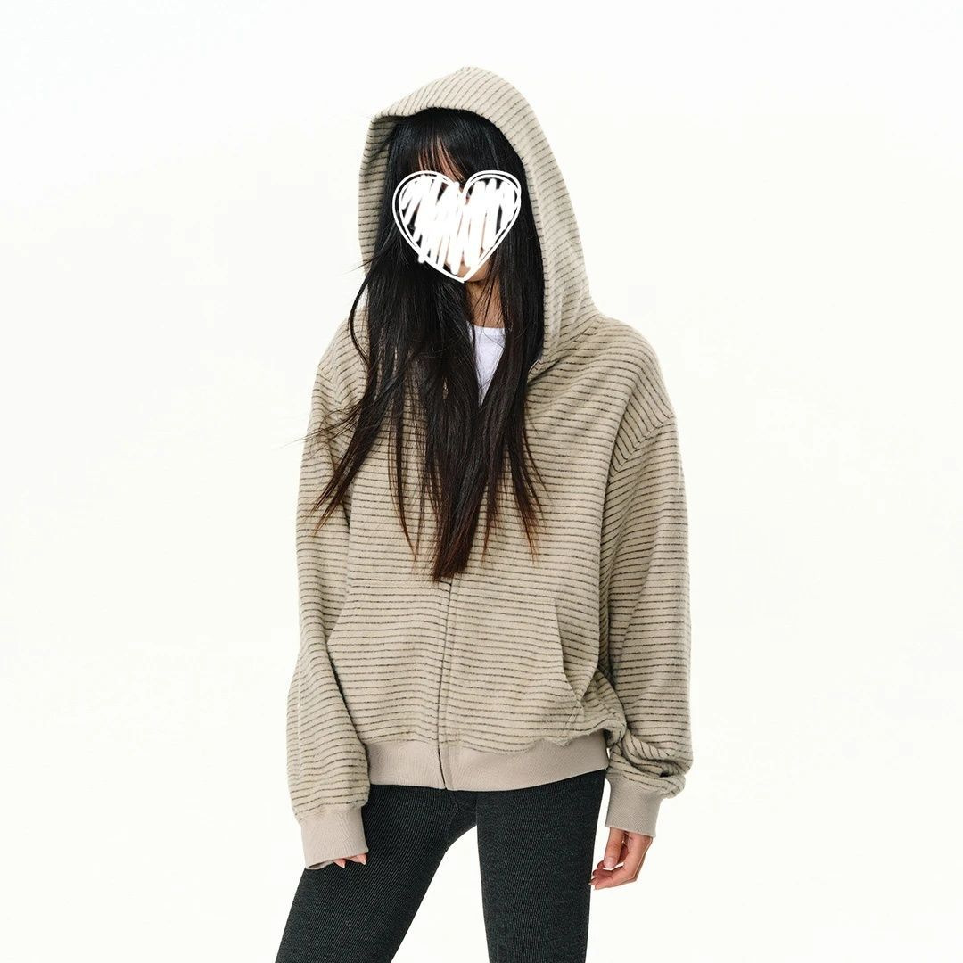 韩系条纹连帽开衫卫衣女春秋新款宽松显瘦慵懒风休闲外套ins学生