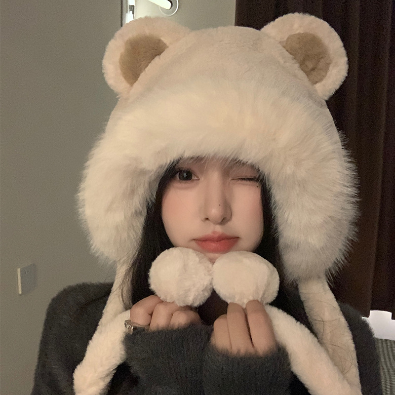 2025 nuevo sombrero coreano de otoño y invierno para mujeres caliente sombrero frío de punto multifuncional grueso orejas de oso lana sombrero Thunderfeng