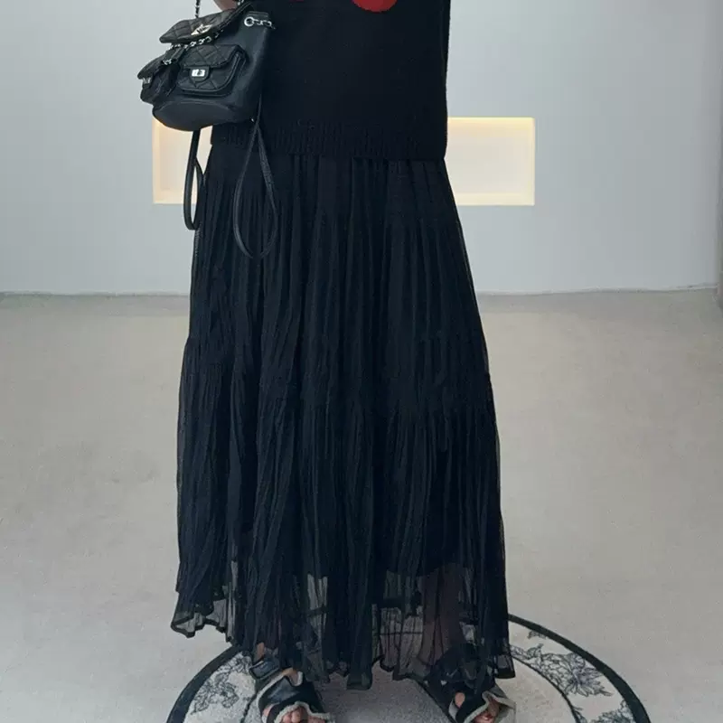 双天25年冬季大码女装新款裙子松紧腰网纱拼接打褶纯色半身裙9202