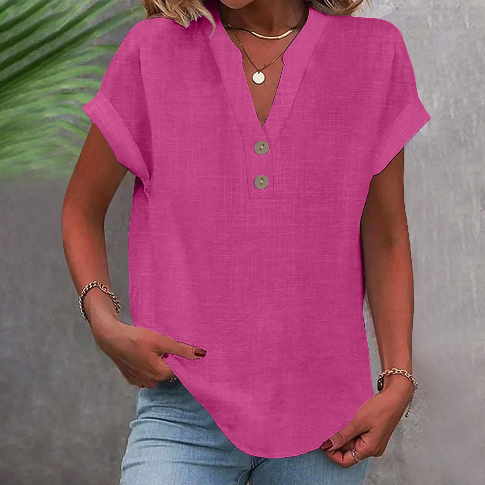 2025 European And American Summer Solid Color Stand Collar Button Short Sleeve Women's Shirt_ecoleips.com