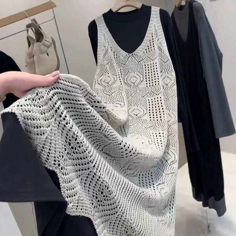 2026 New Style Hollow-Out Crochet Knit Sleeveless Tank Dress, Versatile Layered Vest Dress, Stylish Solid Color Top