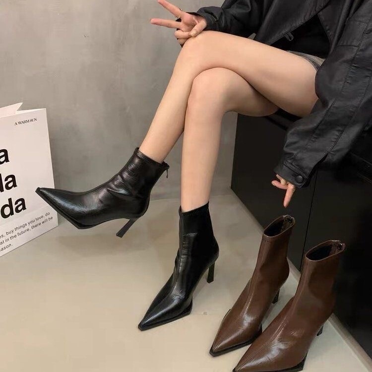 Trendy and versatile classic black slimming pointed toe highly recommended stiletto slim short boots elegant high-heeled stretch boots for women
