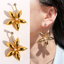 欧美轻奢气质珍珠花瓣夸张耳环小众独特锆石花朵耳坠跨境耳饰1077