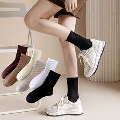春秋女士中筒襪 薄襪子女純色棉襪高橡筋運動長筒襪 諸暨女襪批發