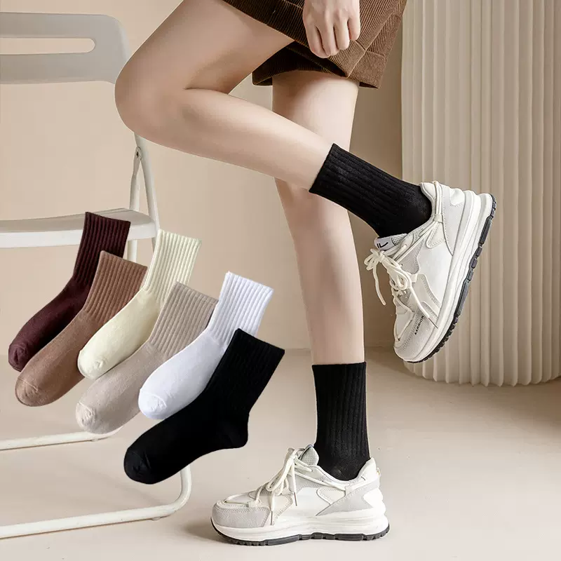女士春秋中筒袜纯色袜子女棉袜高橡筋运动防臭长筒袜诸暨女袜批发
