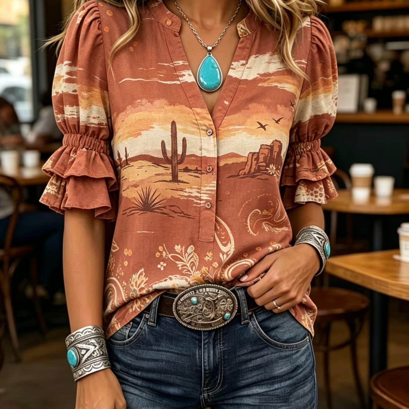 Transfronterizo exclusivo para camisas de impresión vintage mujeres sueltas de cuello en V de manga corta chaqueta bohemiana Europa y América nuevo transfronterizo image 41