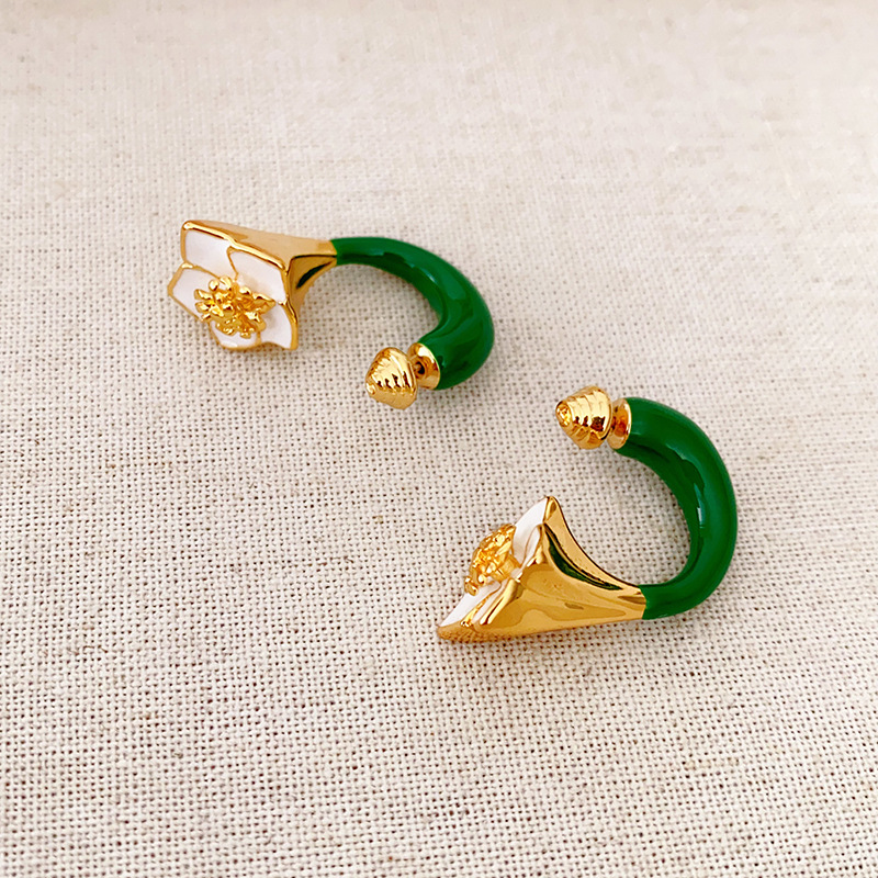 BV新款時尚立體山茶花琺瑯彩滴釉復古厚重感小眾耳釘925銀針耳飾