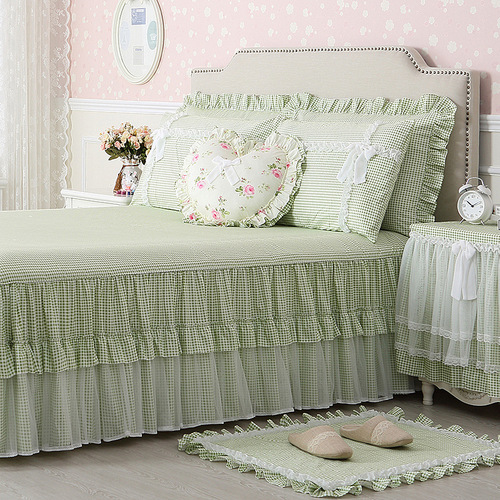 Exquisite cotton skirted bed sheet single piece bed skirt lace green cotton bedspread three-piece bed cover princess