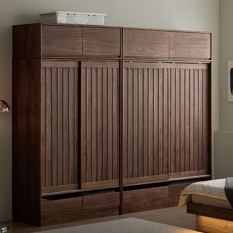 North American Black Walnut Wardrobe Home Bedroom Sliding Door Sliding Door Storage Combination Nordic Solid Wood to the Top Large Wardrobe