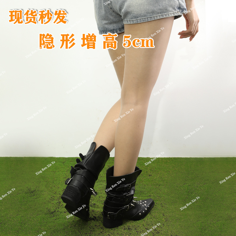 星荏家褶皱西部短靴女牛皮尖头V口显瘦粗跟黑色小众铆钉骑士靴女|undefined