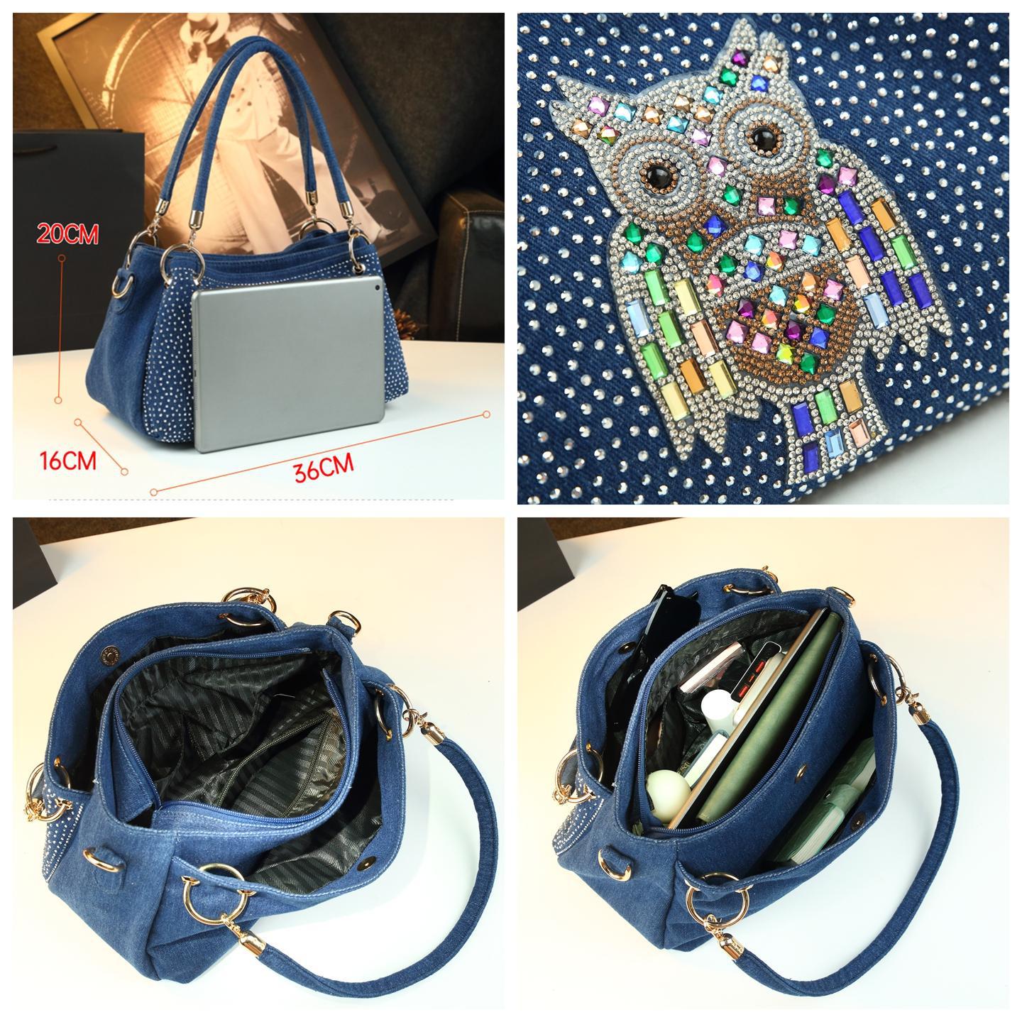 Túi đeo chéo nữ denim phong cách lang thang, thiết kế đính đá thời trang — Cao bồi Owl, Cao bồi trắng khoan, Ngôi sao năm cánh đen
