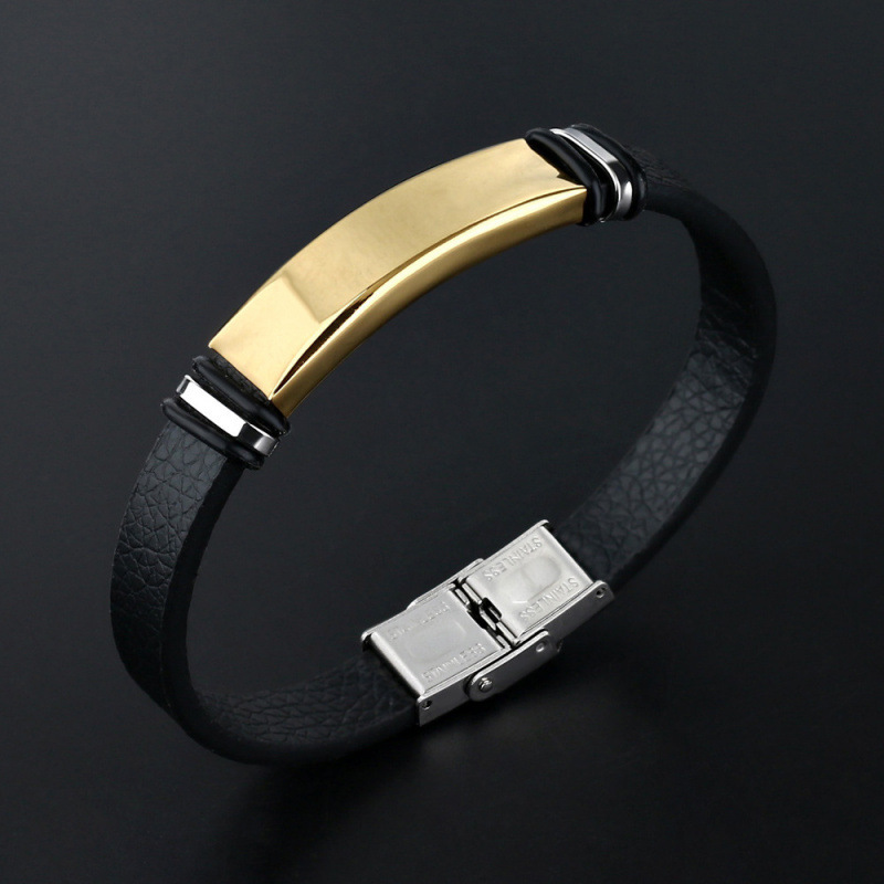 Men's Leather Stainless Steel Gold Electroplated Smooth Bracelet Cuff Wristband Titanium Steel Bracelet Pattern