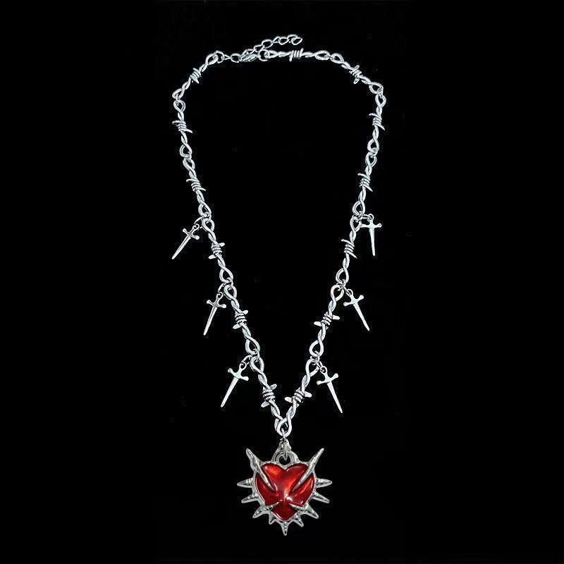 Dark Punk Heart Y2K Cross Necklace Subculture Design Thorns Personality Retro Niche Collarbone Chain Trend_voghion.com