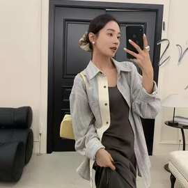 【原布加工】 设计感小众条纹衬衫女宽松显瘦撞色门襟长袖衬衣