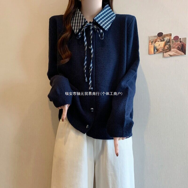 Korean-style shirt collar tie-front knit cardigan for women, 2026 autumn/winter new design, featuring a stylish plaid patchwork sweater