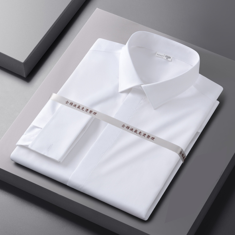 Golden Shield French Shirt High-End Men's Long-Sleeved Cufflinks Professional Formal Cuff Double Stacked Sleeve Suit White Shirt for Men