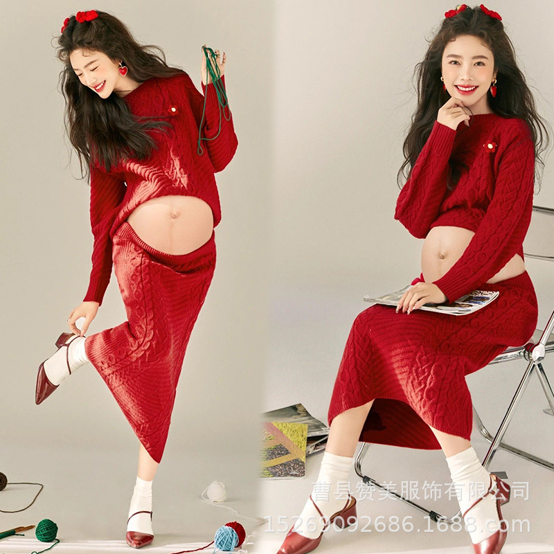 집에서 사진 스튜디오 새 크리스마스 새해 스웨터 분위기 실내 초상화 큰 배 임신 한 엄마 사진 촬영 초상화 의류