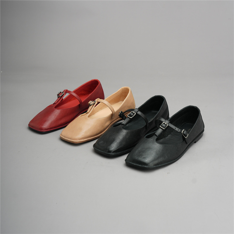 法式复古小众新款T型带芭蕾舞鞋真皮方头简约百搭玛丽珍浅口单鞋